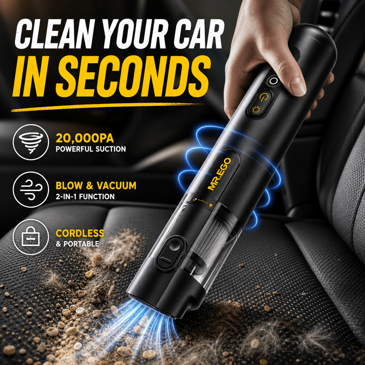 MR.EGO 2-In-1 Car Vacuum With Dust Light V2