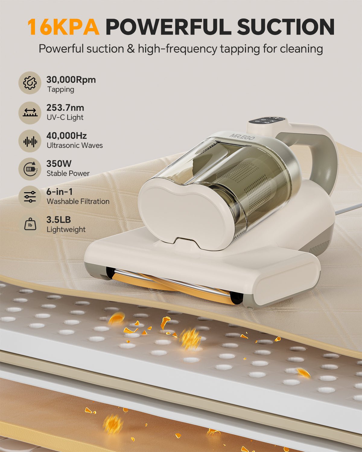 MR.EGO Mattress Vacuum Cleaner , UV-C Light, Ultrasonic Technology & HEPA Filter for Bed, Sofa, Couch, Crib