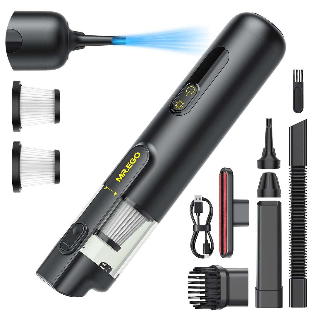 MR.EGO V2 Cordless Portable Car Vacuum: Complete accessory set (nozzles, filters, charging cable) with 2-in-1 vacuum & blower function.